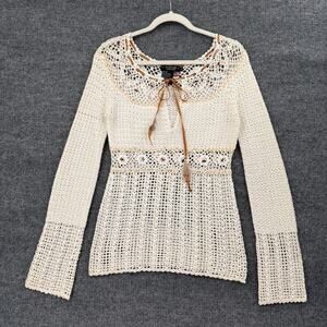 Vintage Rampage Y2K Crochet Sweater Womens M Off White Beaded Fairy Indie Boho